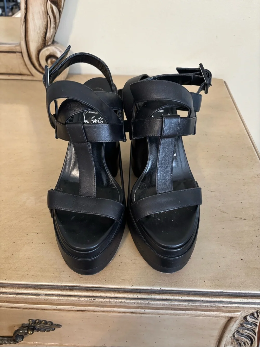 Christian Louboutin Black Leather Platform Strappy Sandals